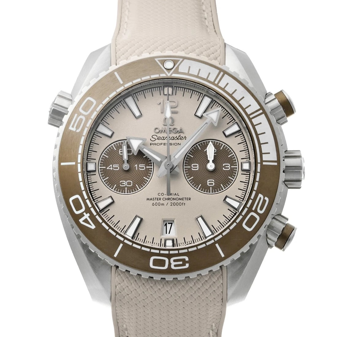OMEGA SEAMASTER PLANET OCEAN LINEN WATCH: OMEGA Seamaster Planet Ocean linen Watch Brand: OMEGA Type/Style: Wristwatch Material: Band Material Rubber, Case Material Stainless Steel Color: Dial Color Dial Color Beige Band Color Brown Size: Cas