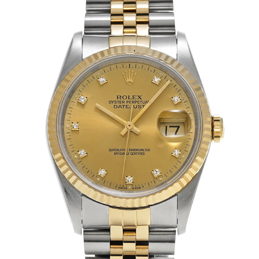 ROLEX DATEJUST 36 CHAMPAGNE/DIAMOND WATCH: ROLEX Datejust 36 Champagne/diamond Watch Brand: ROLEX Type/Style: Wristwatch Material: Band Material Stainless steel/Yellow Gold, Case Material Stainless steel Color: Dial Color Champagne Size: Case 
