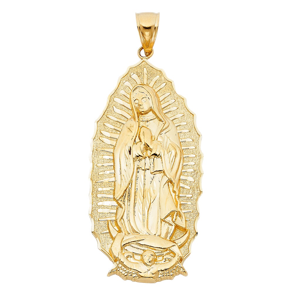 14KY OUR LADY OF GUADALUPE PENDANT: 14KY Our Lady of Guadalupe Pendant Type: Pendant Material Type: 14k Gold Material Color: Yellow Avg. Weight: 11.75 Gr. Size: Height : 60 mm,Width : 30 mm Accessories: None Notice: When pur