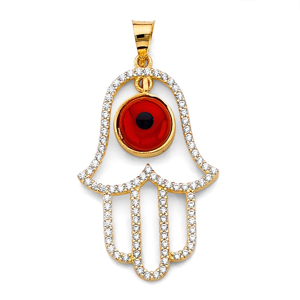 14K 2T CZ HAMSA HAND WITH EVIL EYE PENDANT: 14K 2T CZ Hamsa Hand with Evil Eye Pendant Type: Pendant Material Type: 14k Gold Material Color: Two Tone Avg. Weight: 2.45 Gr. Size: Height : 35 mm, Width : 20 mm Accessories: None Notice