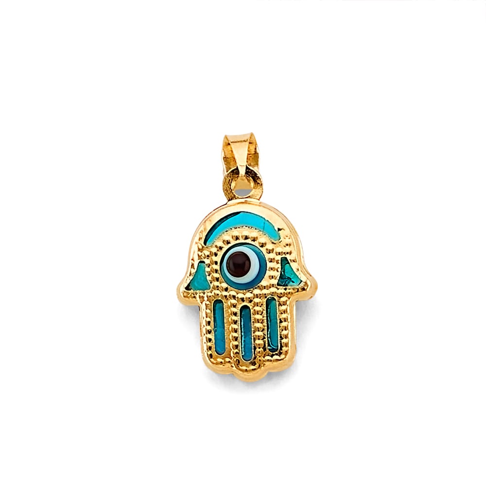 14KY EVIL EYE HAMSA PENDANT: 14KY Evil Eye Hamsa Pendant Type: Pendant Material Type: 14k Gold Material Color: Yellow Avg. Weight: 1.29 Gr. Size: Height : 20 mm, Width : 12 mm Accessories: None Notice: When purchasing