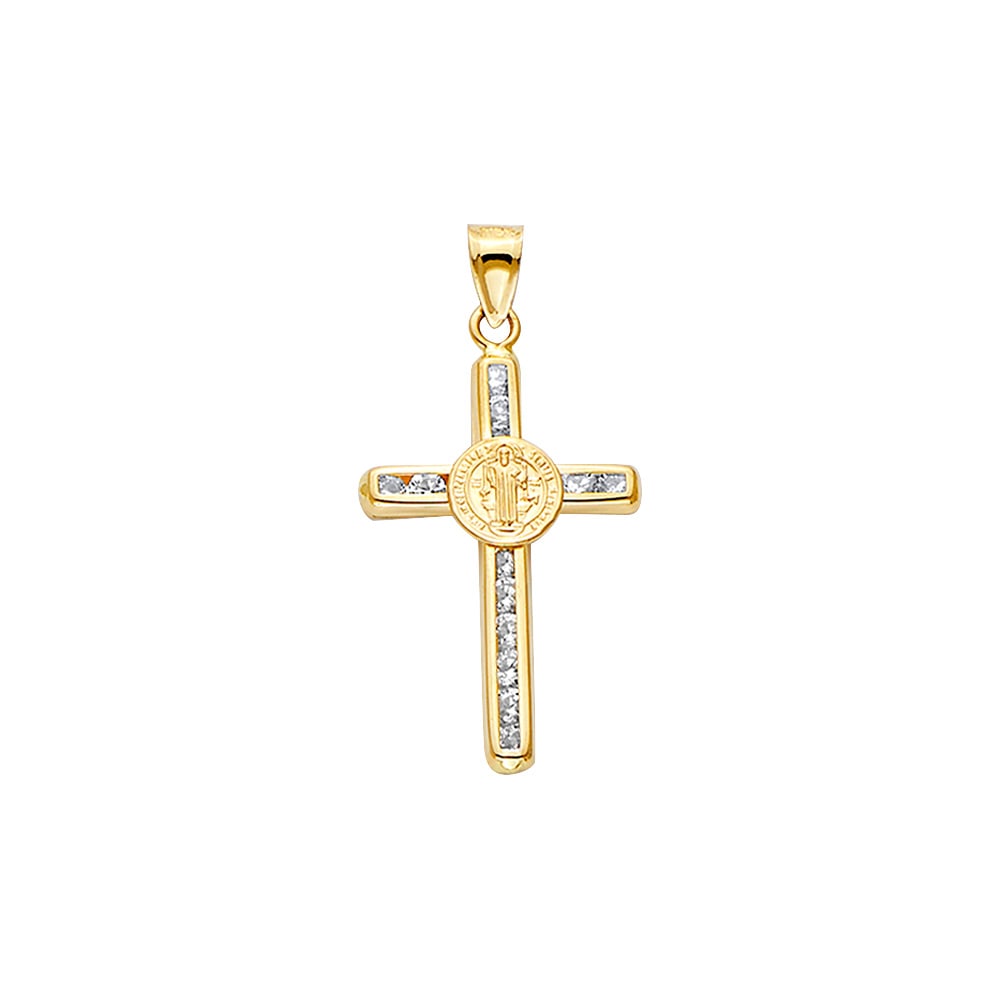 14KY CZ SAN BENITO CROSS: 14KY CZ San Benito Cross Type: Pendant Material Type: 14k Gold Material Color: Yellow Avg. Weight: 1.04 Gr. Size: Height : 35 mm, Width : 17 mm Accessories: None Notice: When purchasing pr