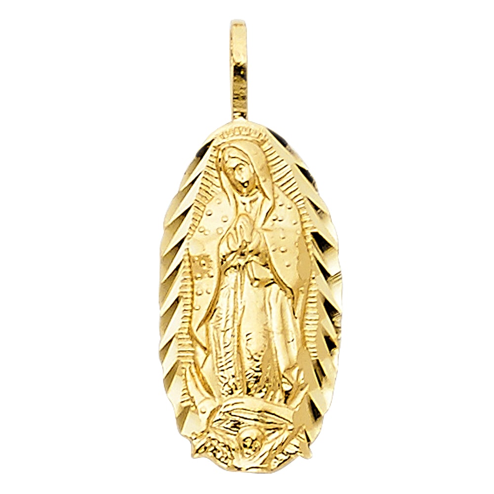 14KY OUR LADY OF GUADALUPE PENDANT: 14KY Our Lady of Guadalupe Pendant Type: Pendant Material Type: 14k Gold Material Color: Yellow Avg. Weight: 0.7 Gr. Size: Height : 17 mm,Width : 9 mm Accessories: None Notice: When purcha