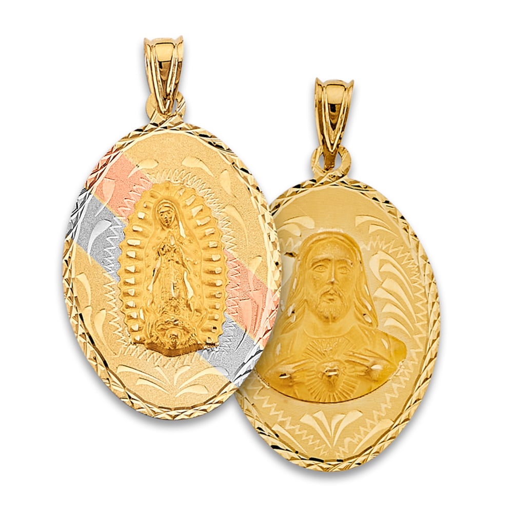 14K 3C RELIGIOUS STAMP PENDANT: 14K 3C Religious Stamp Pendant Type: Pendant Material Type: 14k Gold Material Color: Tri Color Avg. Weight: 4.02 Gr. Size: Height : 43 mm, Width : 25 mm Accessories: None Notice: When purchasing