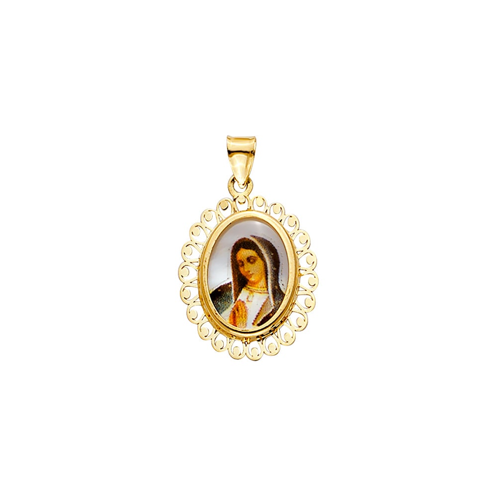 14KY GUADALUPE PICTURE OVAL MEDAL ON MOTHER OF PEARL: 14KY Guadalupe Picture Oval Medal On Mother of Pearl Type: Pendant Material Type: 14k Gold Material Color: Yellow Avg. Weight: 1.32 Gr. Size: Height : 30 mm, Width : 17 mm Accessories: None