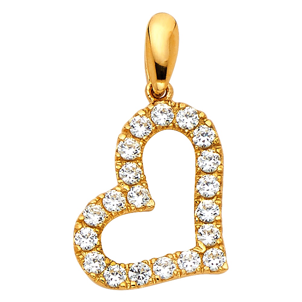 14KY CZ HEART PENDANT: 14KY CZ Heart Pendant Type: Pendant Material Type: 14k Gold Material Color: Yellow Avg. Weight: 1.26 Gr. Size: Height : 15 mm Width : 13 mm Accessories: None Notice: When purchasing pre-ow