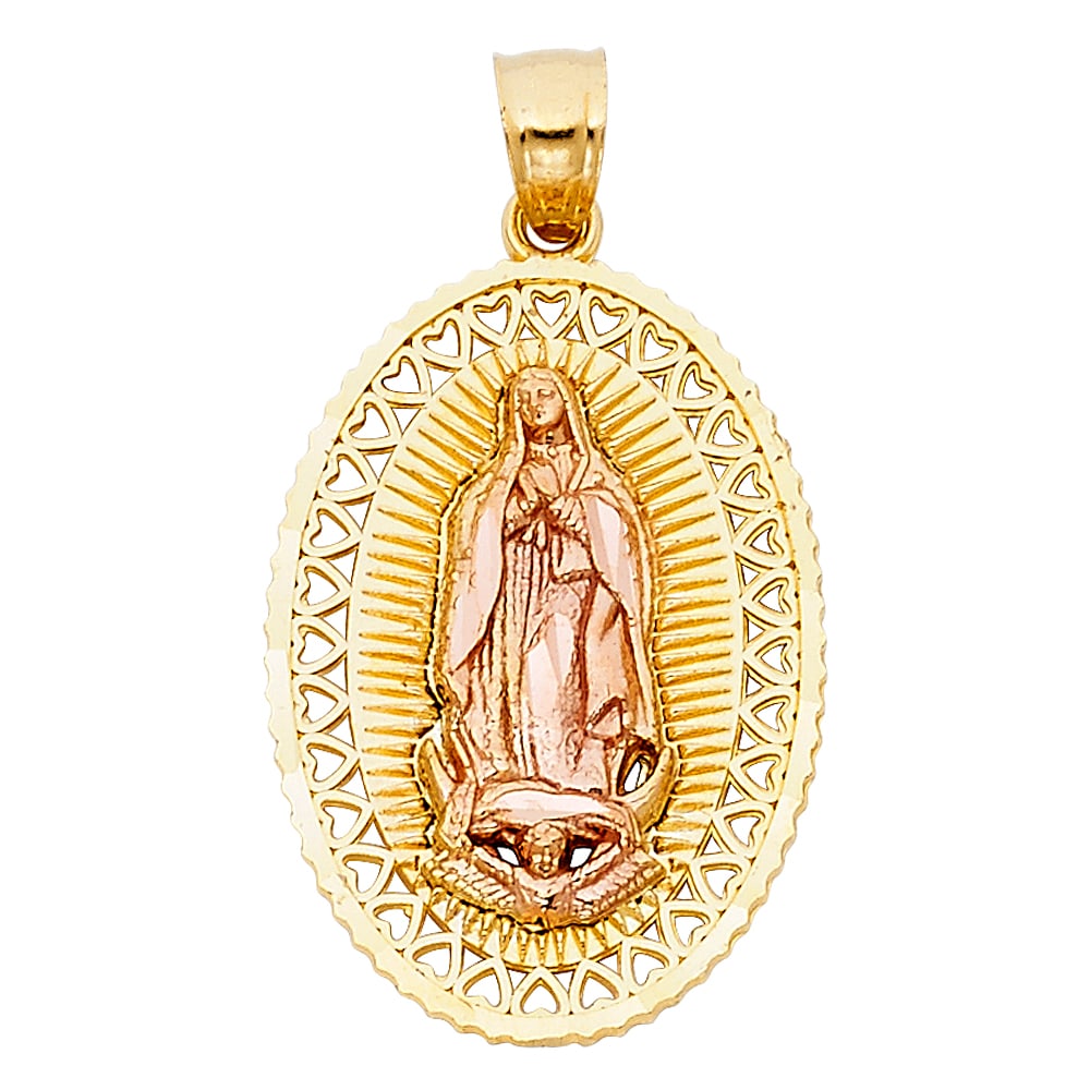 14K 2T OUR LADY OF GUADALUPE PENDANT: 14K 2T Our Lady of Guadalupe Pendant Type: Pendant Material Type: 14k Gold Material Color: Two Tone Avg. Weight: 2.75 Gr. Size: Height : 27 mm,Width : 19 mm Accessories: None Notice: When