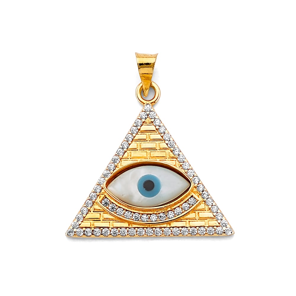 14K 2T EVIL EYE PENDANT: 14K 2T Evil Eye Pendant Type: Pendant Material Type: 14k Gold Material Color: Two Tone Avg. Weight: 2.34 Gr. Size: Height : 25 mm, Width : 25 mm Accessories: None Notice: When purchasing p