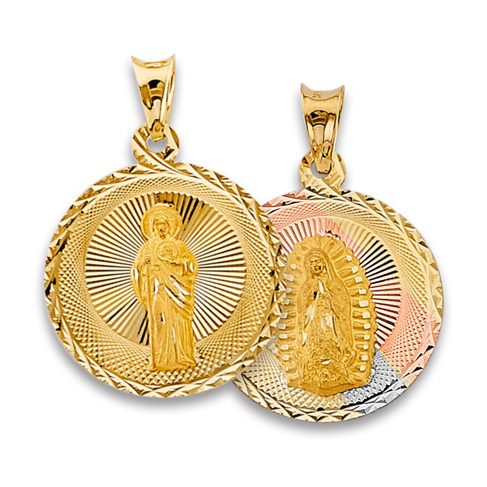 14K 3C RELIGIOUS STAMP PENDANT: 14K 3C Religious Stamp Pendant Type: Pendant Material Type: 14k Gold Material Color: Tri Color Avg. Weight: 2.63 Gr. Size: Height : 30 mm, Width : 20 mm Accessories: None Notice: When purc