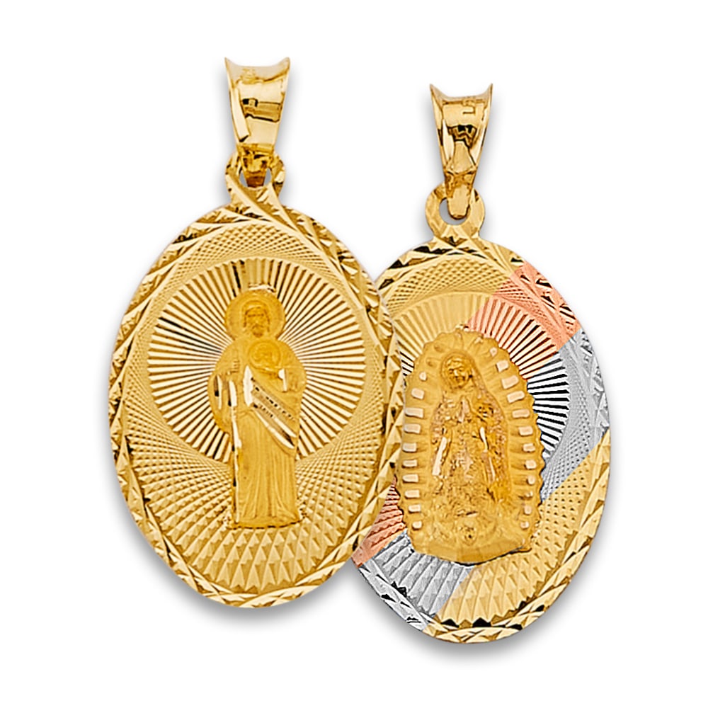 14K 3C RELIGIOUS STAMP PENDANT: 14K 3C Religious Stamp Pendant Type: Pendant Material Type: 14k Gold Material Color: Tri Color Avg. Weight: 2.57 Gr. Size: Height : 30 mm, Width : 15 mm Accessories: None Notice: When purchasing
