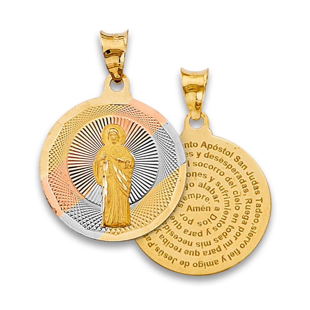 14K 3C RELIGIOUS STAMP PENDANT: 14K 3C Religious Stamp Pendant Type: Pendant Material Type: 14k Gold Material Color: Tri Color Avg. Weight: 2.03 Gr. Size: Height : 30 mm, Width : 20 mm Accessories: None Notice: When purchasing