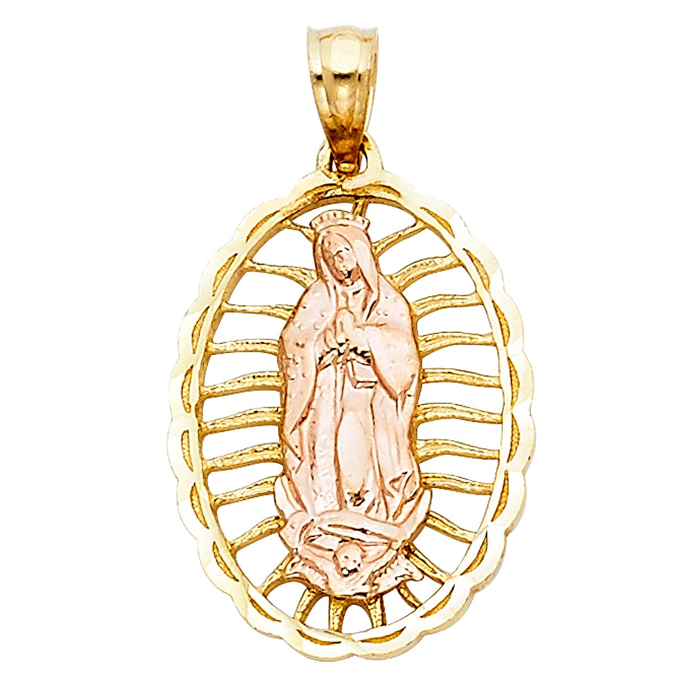 14K 2T OUR LADY OF GUADALUPE PENDANT: 14K 2T Our Lady of Guadalupe Pendant Type: Pendant Material Type: 14k Gold Material Color: Two Tone Avg. Weight: 1.51 Gr. Size: Height : 20 mm,Width : 15 mm Accessories: None Notice: When