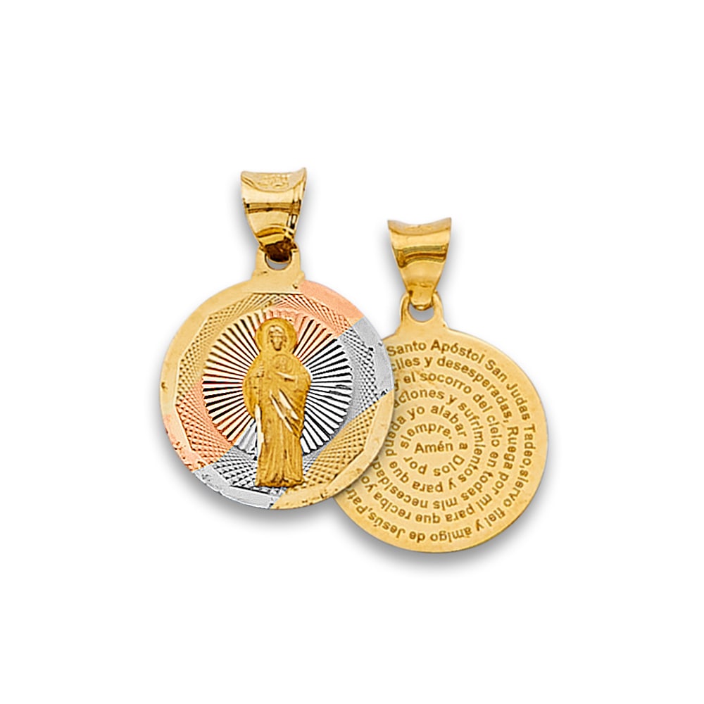 14K 3C RELIGIOUS STAMP PENDANT: 14K 3C Religious Stamp Pendant Type: Pendant Material Type: 14k Gold Material Color: Tri Color Avg. Weight: 1.07 Gr. Size: Height : 20 mm, Width : 15 mm Accessories: None Notice: When purchasing