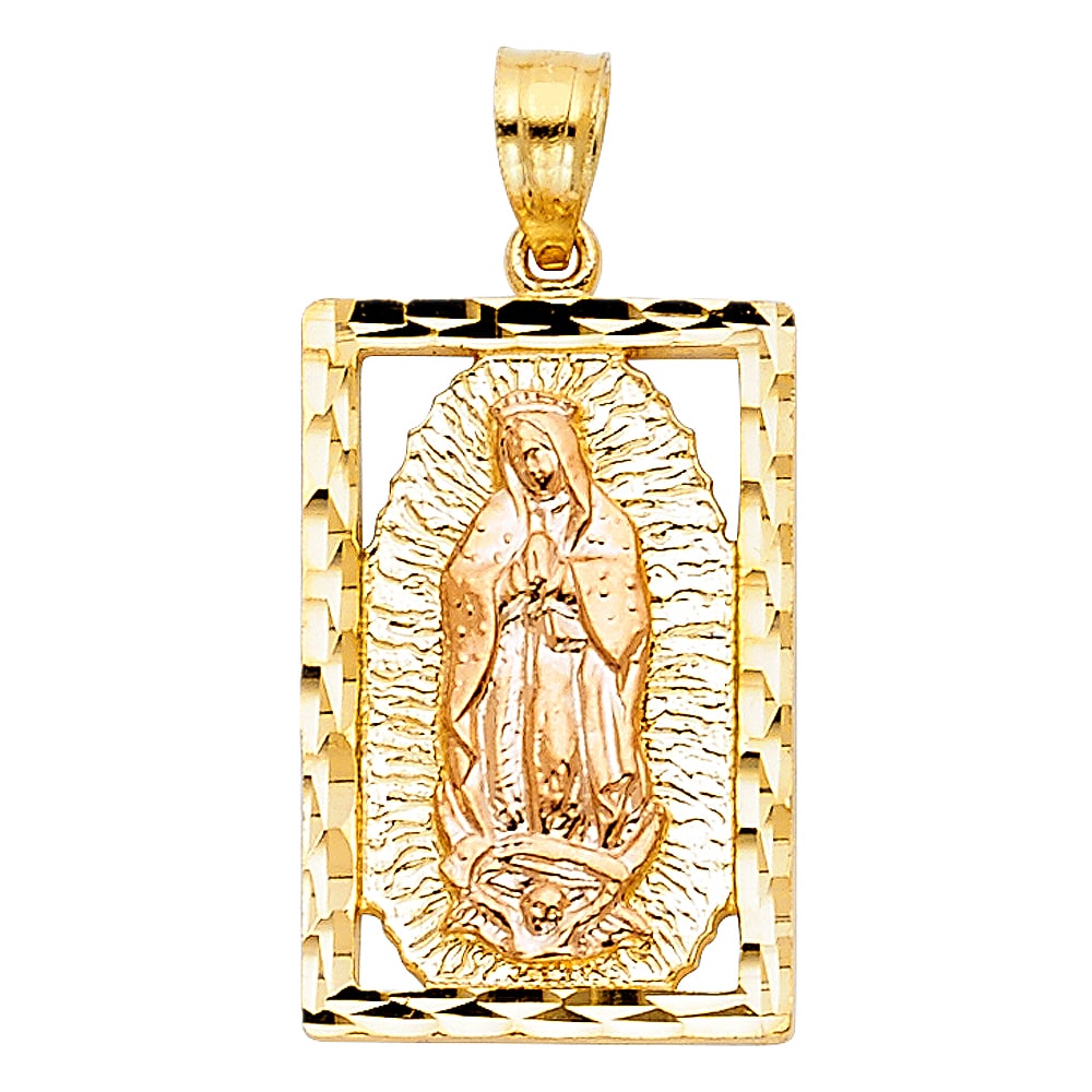 14K 2T OUR LADY OF GUADALUPE PENDANT: 14K 2T Our Lady of Guadalupe Pendant Type: Pendant Material Type: 14k Gold Material Color: Two Tone Avg. Weight: 2.02 Gr. Size: Height : 21 mm,Width : 14 mm Accessories: None Notice: When