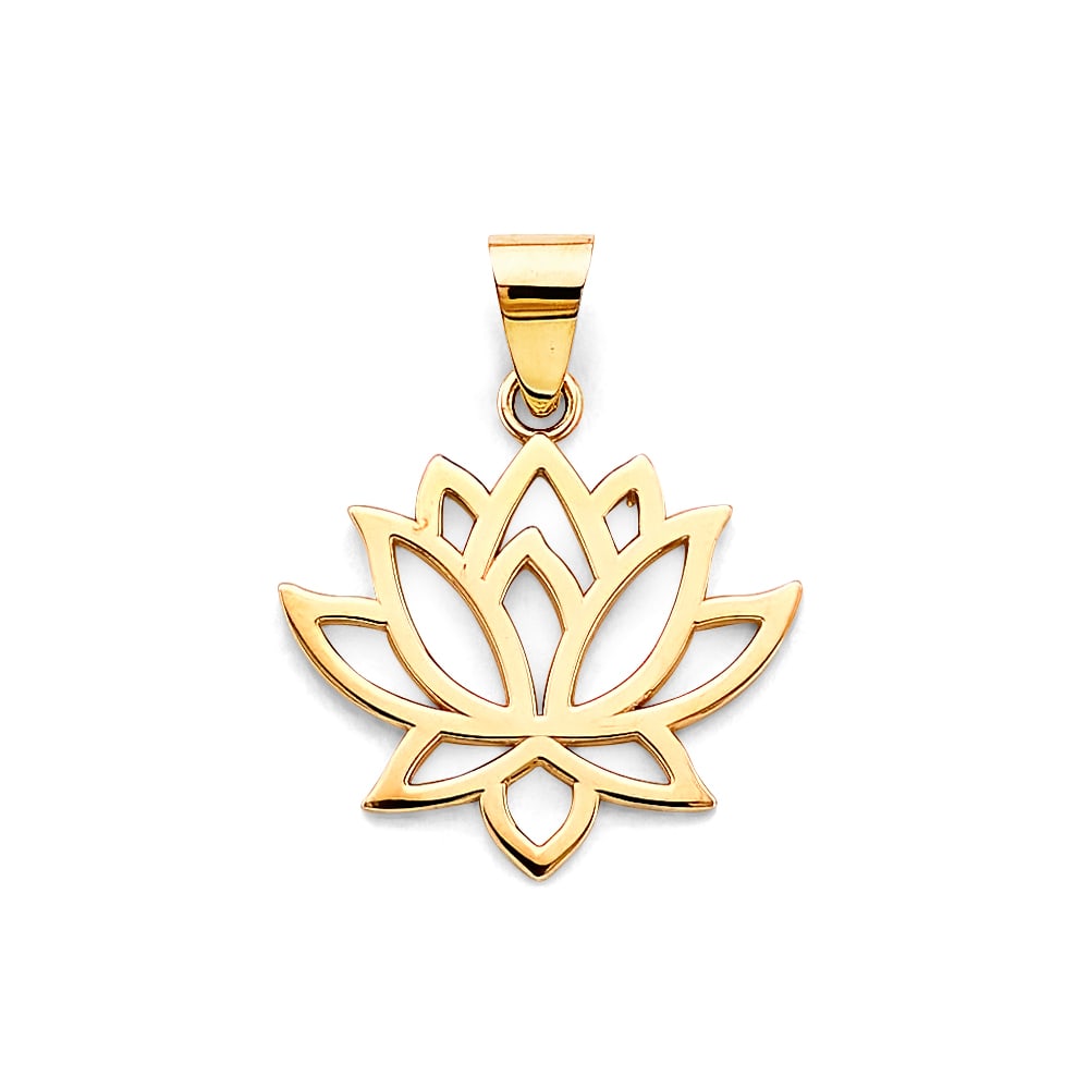 14KY LOTUS FLOWER PENDANT: 14KY Lotus Flower Pendant Type: Pendant Material Type: 14k Gold Material Color: Yellow Avg. Weight: 1.76 Gr. Size: Height : 25 mm, Width : 20 mm Accessories: None Notice: When purchasing pre-owned