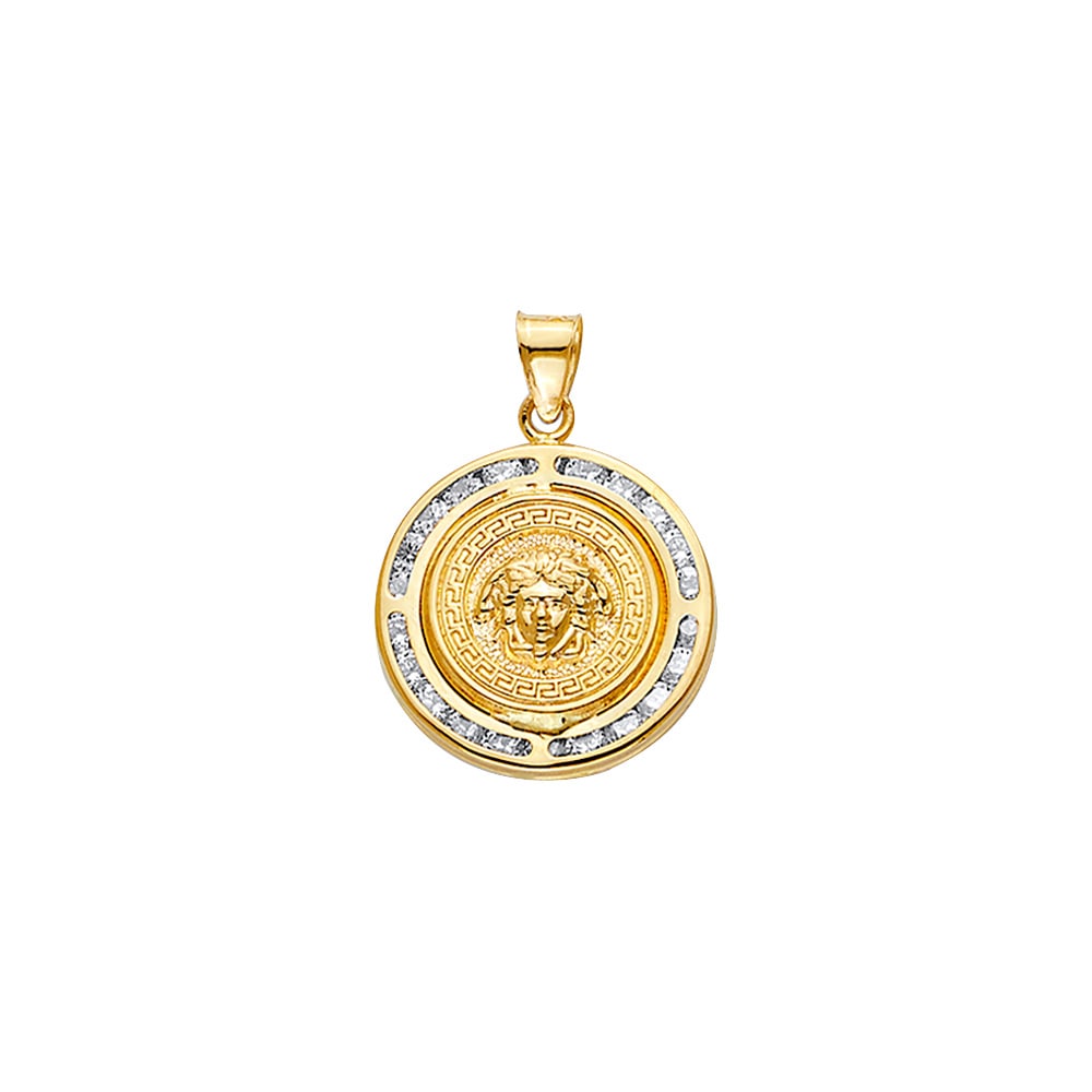14KY CZ ROUND MEDUSA PENDANT: 14KY CZ Round Medusa Pendant Type: Pendant Material Type: 14k Gold Material Color: Yellow Avg. Weight: 2.07 Gr. Size: Height : 25 mm, Width : 17 mm Accessories: None Notice: When purchasin