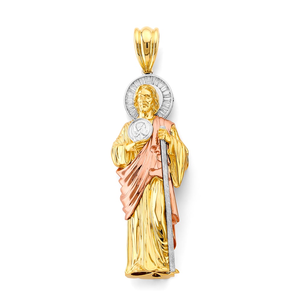 14K 3C CZ ST. JUDE THADDUES 3D PENDANT: 14K 3C CZ St. Jude Thaddues 3D Pendant Type: Pendant Material Type: 14k Gold Material Color: Tri Color Avg. Weight: 69.86 Gr. Size: Height : 130 mm, Width : 40 mm Accessories: None Notice: