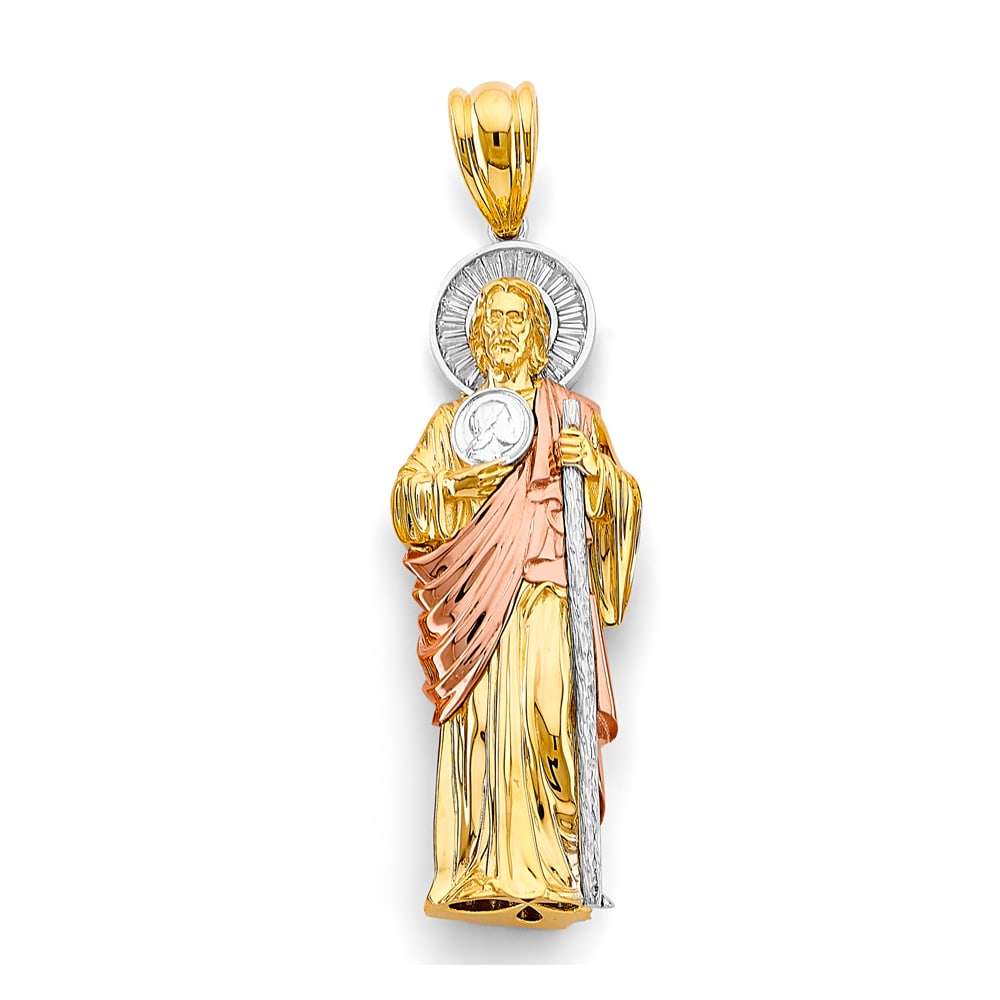 14K 3C CZ ST. JUDE THADDUES 3D PENDANT: 14K 3C CZ St. Jude Thaddues 3D Pendant Type: Pendant Material Type: 14k Gold Material Color: Tri Color Avg. Weight: 23.54 Gr. Size: Height : 90 mm, Width : 25 mm Accessories: None Notice: When