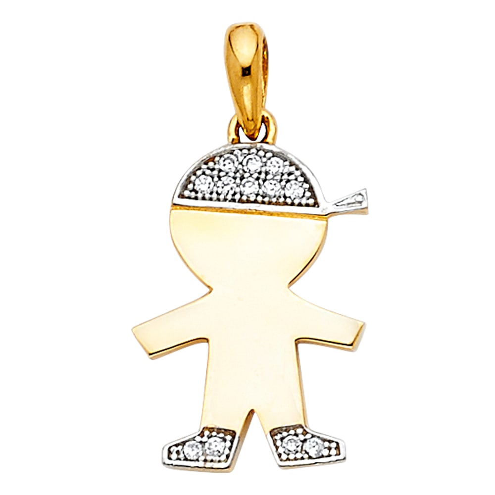 14K 2T CZ BOY PENDANT: 14K 2T CZ Boy Pendant Type: Pendant Material Type: 14k Gold Material Color: Two Tone Avg. Weight: 1.38 Gr. Size: Height : 16 mm,Width : 12 mm Accessories: None Notice: When purchasing pre-