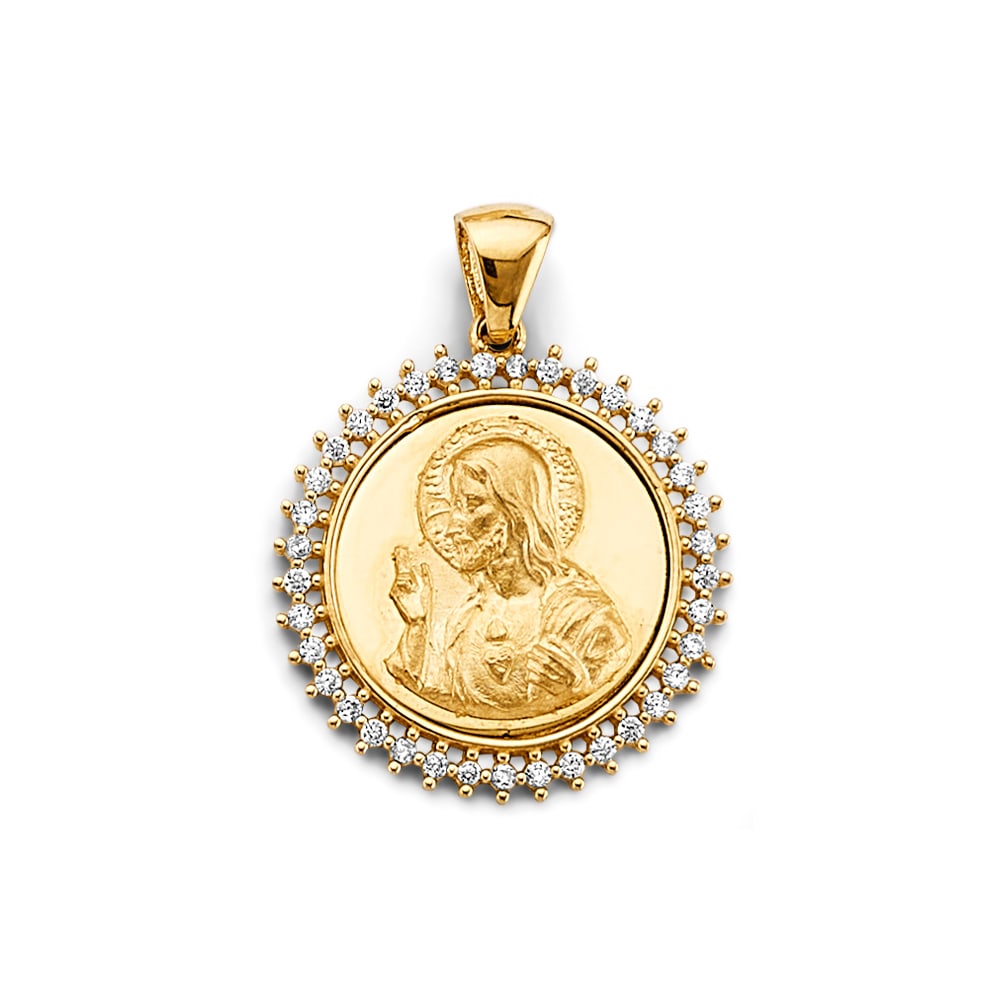 14KY CZ ROUND JESUS CHRIST PENDANT: 14KY CZ Round Jesus Christ Pendant Type: Pendant Material Type: 14k Gold Material Color: Yellow Avg. Weight: 2.79 Gr. Size: Height : 25 mm, Width : 20 mm Accessories: None Notice: When purchasing