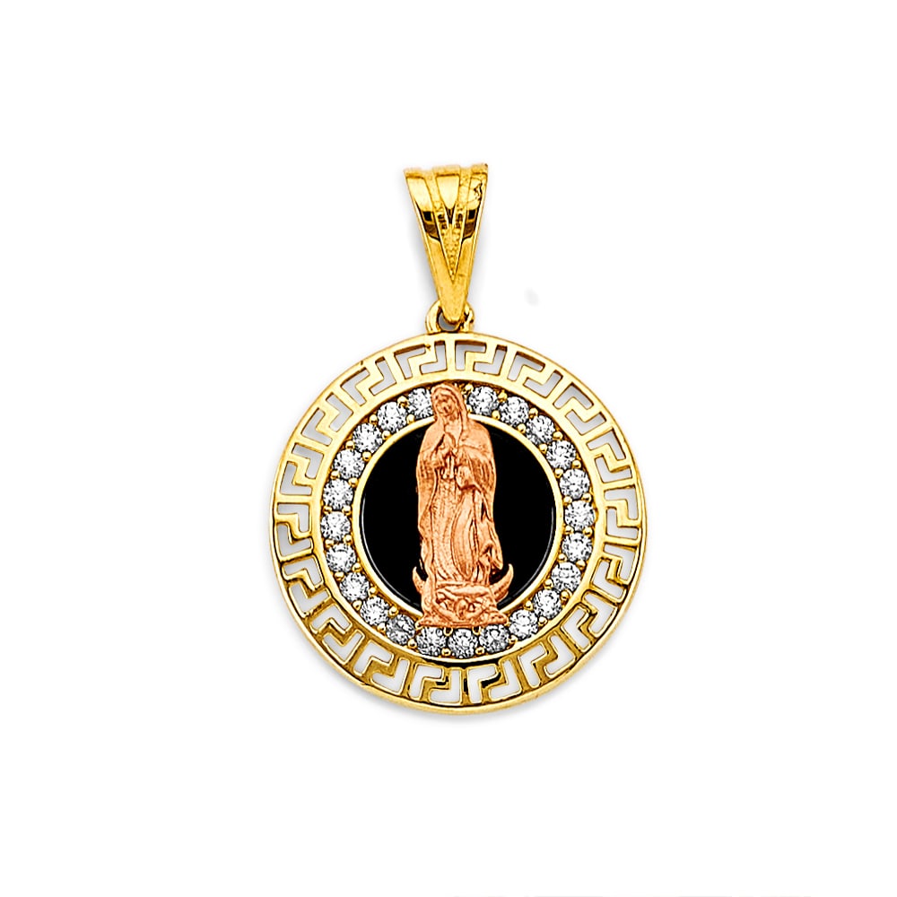 14K 2T CZ ONYX GUADALUPE PENDANT: 14K 2T CZ Onyx Guadalupe Pendant Type: Pendant Material Type: 14k Gold Material Color: Two Tone Avg. Weight: 2.75 Gr. Size: Height : 25 mm, Width : 17 mm Accessories: None Notice: When purchasing
