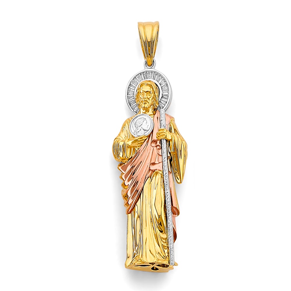 14K 3C CZ ST. JUDE THADDUES 3D PENDANT: 14K 3C CZ St. Jude Thaddues 3D Pendant Type: Pendant Material Type: 14k Gold Material Color: Tri Color Avg. Weight: 13.73 Gr. Size: Height : 70 mm, Width : 20 mm Accessories: None Notice: When
