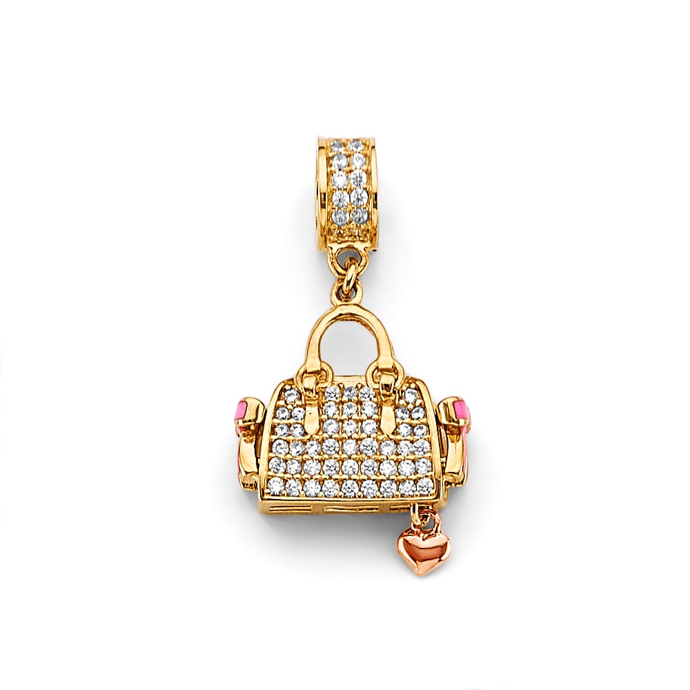 14K 2T CZ PURSE CHARM: 14K 2T CZ Purse Charm Type: Pendant Material Type: 14k Gold Material Color: Two Tone Avg. Weight: 2.3 Gr. Size: Height : 25 mm, Width : 13 mm Accessories: None Notice: When purchasing pre-