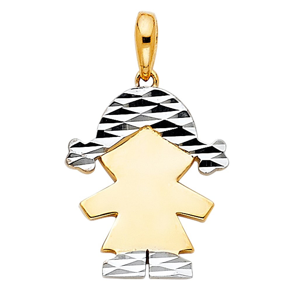 14K 2T GIRL PENDANT: 14K 2T Girl Pendant Type: Pendant Material Type: 14k Gold Material Color: Two Tone Avg. Weight: 1.6 Gr. Size: Height : 16 mm,Width : 12 mm Accessories: None Notice: When purchasing pre-own
