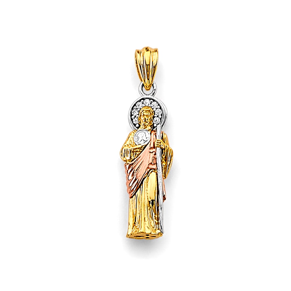 14K 3C CZ ST. JUDE THADDUES 3D PENDANT: 14K 3C CZ St. Jude Thaddues 3D Pendant Type: Pendant Material Type: 14k Gold Material Color: Tri Color Avg. Weight: 2.03 Gr. Size: Height : 27 mm, Width : 8 mm Accessories: None Notice: When