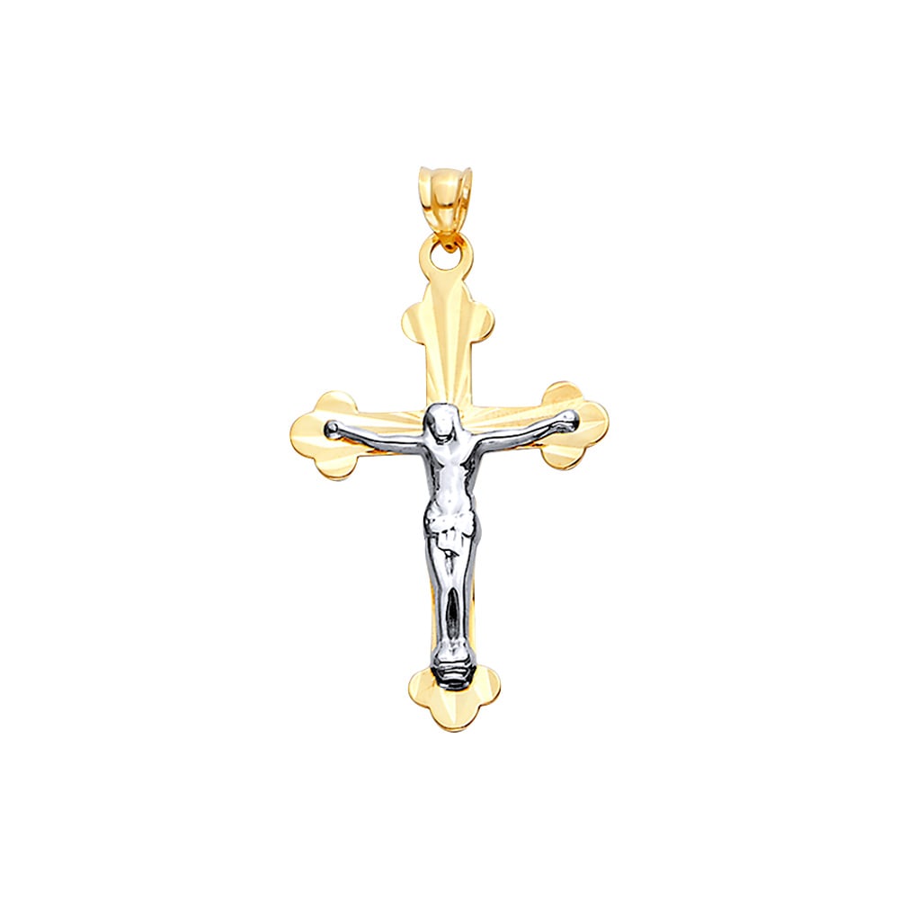 14K 2T DC CROSS WITH JESUS: 14K 2T DC Cross with Jesus Type: Pendant Material Type: 14k Gold Material Color: Two Tone Avg. Weight: 1.32 Gr. Size: Height : 40 mm, Width : 23 mm Accessories: None Notice: When purchasing pre-owned
