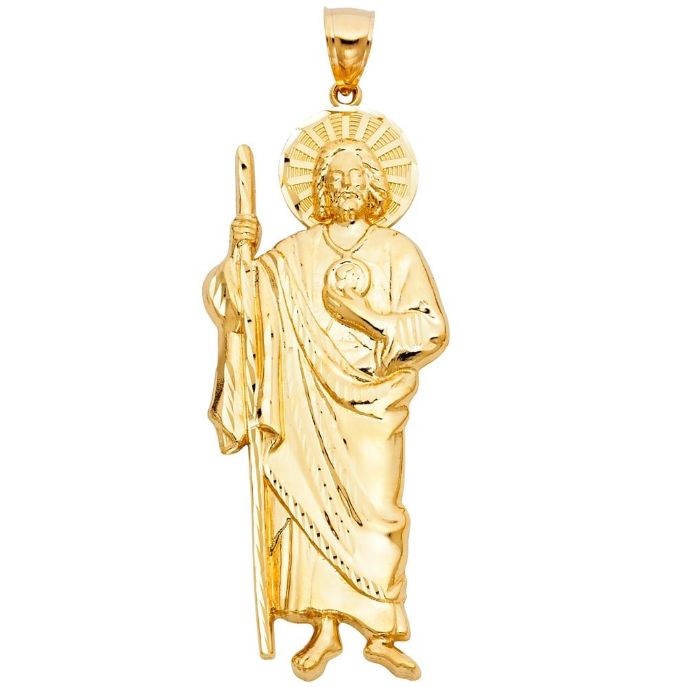 14KY ST. JUDE THADDEUS PENDANT: 14KY St. Jude Thaddeus Pendant Type: Pendant Material Type: 14k Gold Material Color: Yellow Avg. Weight: 14.48 Gr. Size: Height : 75 mm,Width : 30 mm Accessories: None Notice: When purchasing
