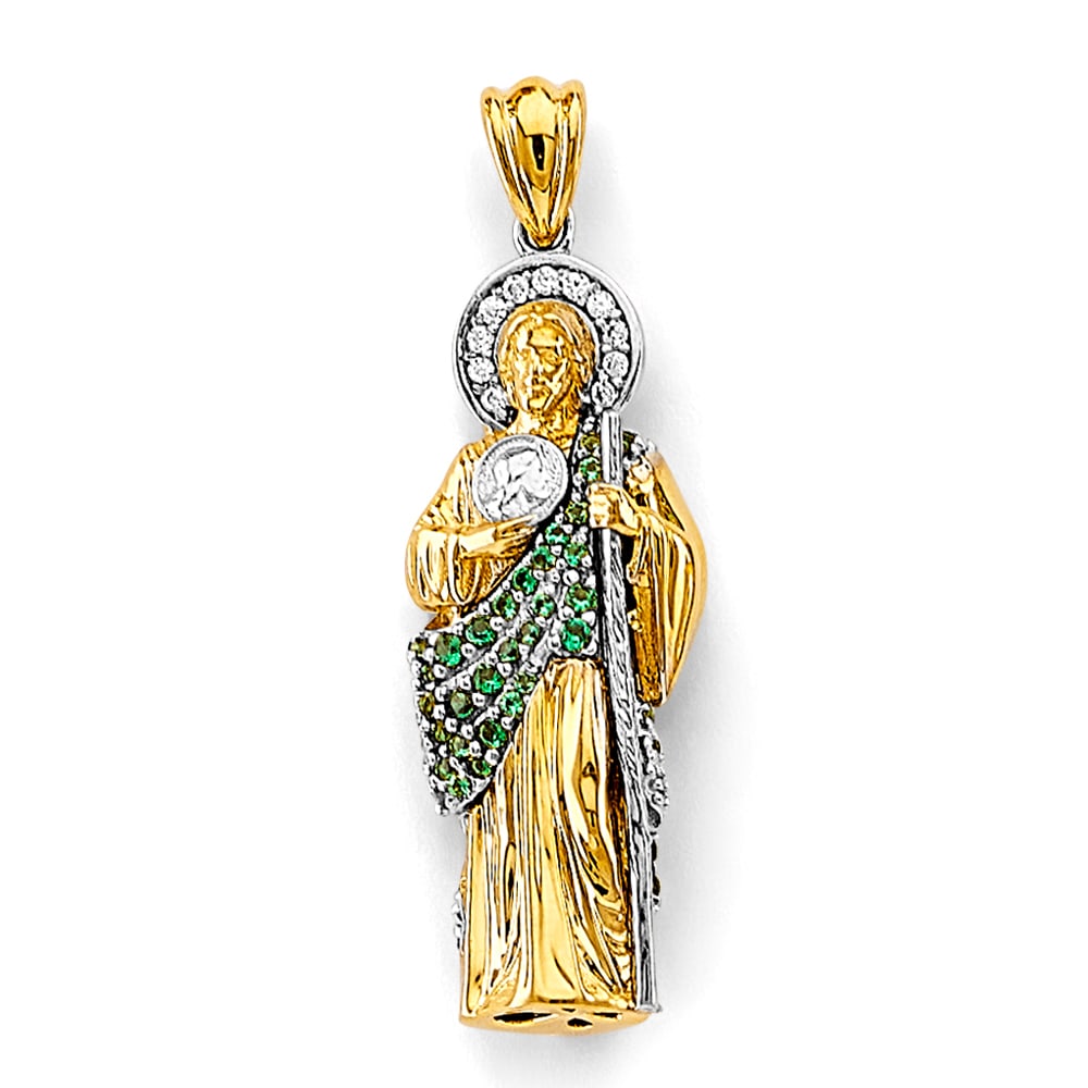 14K 2T CZ ST. JUDE THADDUES 3D PENDANT: 14K 2T CZ St. Jude Thaddues 3D Pendant Type: Pendant Material Type: 14k Gold Material Color: Two Tone Avg. Weight: 5.37 Gr. Size: Height : 35 mm, Width : 10 mm Accessories: None Notice: When