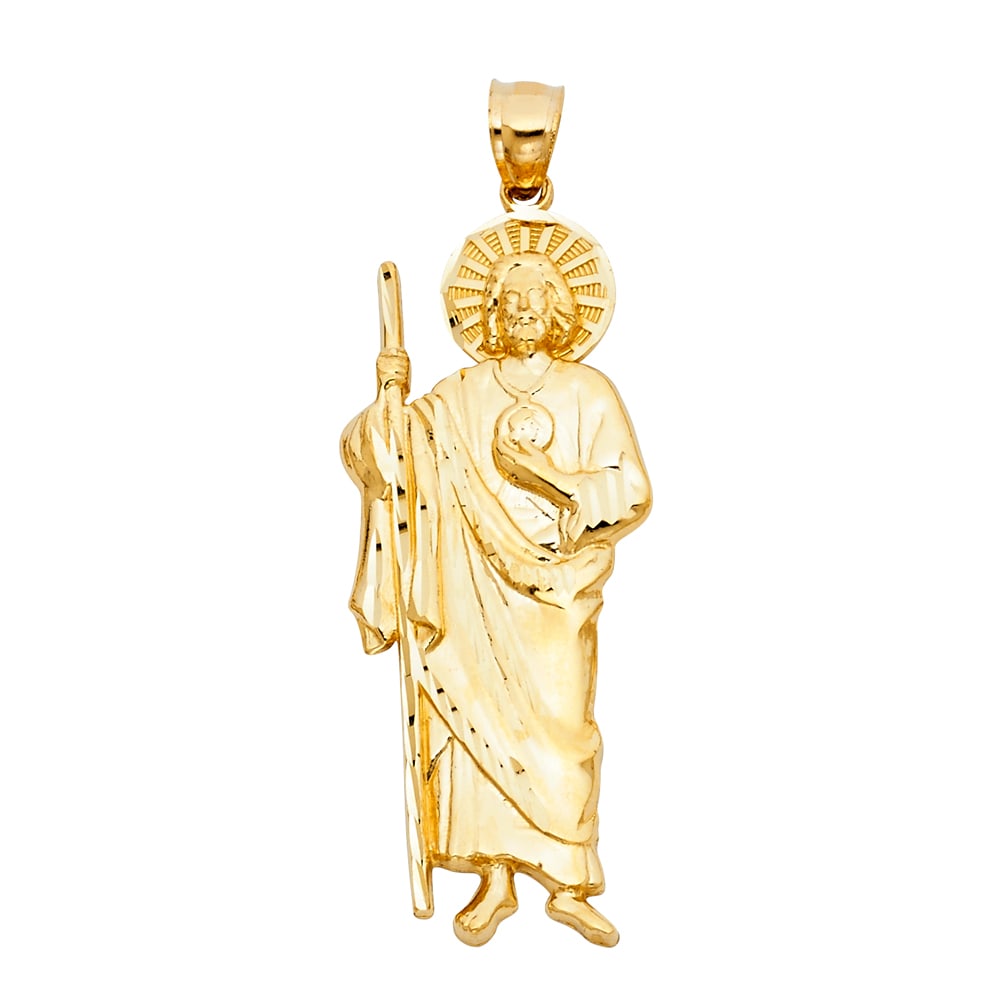 14KY ST. JUDE THADDEUS PENDANT: 14KY St. Jude Thaddeus Pendant Type: Pendant Material Type: 14k Gold Material Color: Yellow Avg. Weight: 4.16 Gr. Size: Height : 50 mm,Width : 20 mm Accessories: None Notice: When purchasing