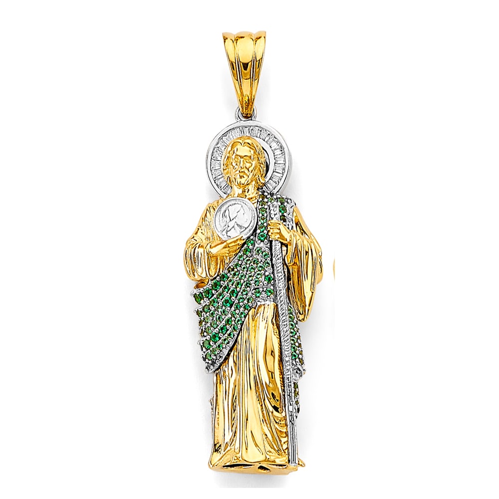 14K 2T CZ ST. JUDE THADDUES 3D PENDANT: 14K 2T CZ St. Jude Thaddues 3D Pendant Type: Pendant Material Type: 14k Gold Material Color: Two Tone Avg. Weight: 14.34 Gr. Size: Height : 60 mm, Width : 20 mm Accessories: None Notice: When