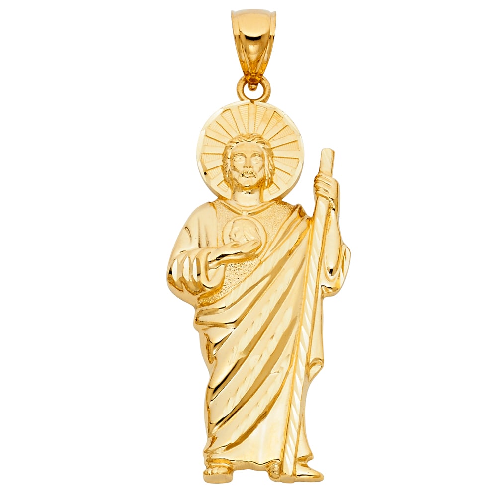 14KY ST. JUDE THADDEUS PENDANT: 14KY St. Jude Thaddeus Pendant Type: Pendant Material Type: 14k Gold Material Color: Yellow Avg. Weight: 10.31 Gr. Size: Height : 65 mm,Width : 25 mm Accessories: None Notice: When purchasing