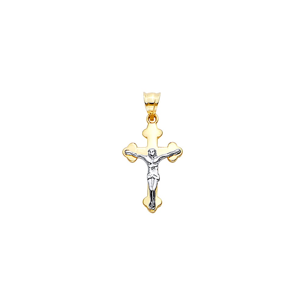 14K 2T CROSS WITH JESUS: 14K 2T Cross with Jesus Type: Pendant Material Type: 14k Gold Material Color: Two Tone Avg. Weight: 0.97 Gr. Size: Height : 25 mm, Width : 13 mm Accessories: None Notice: When purchasing pre-owned