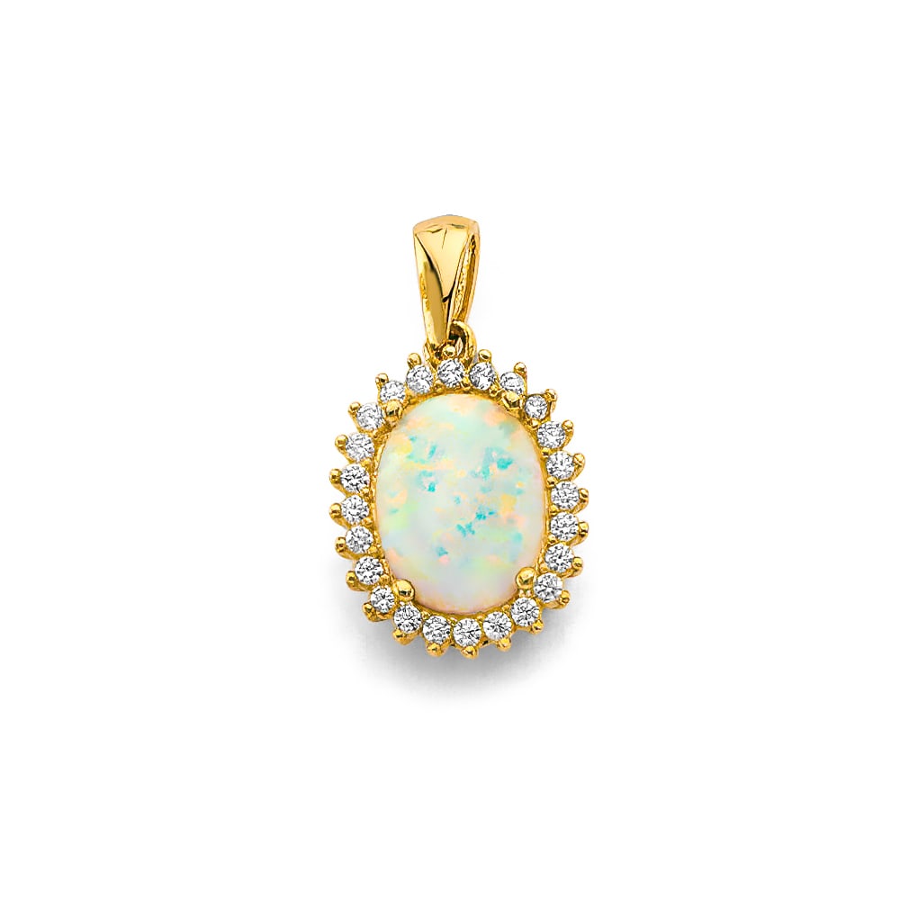 14KY CZ OPAL PENDANT/SET: 14KY CZ Opal Pendant/Set Type: Pendant Material Type: 14k Gold Material Color: Yellow Avg. Weight: 1.41 Gr. Size: Height : 20 mm, Width : 12 mm Accessories: None Notice: When purchasing pre-owned