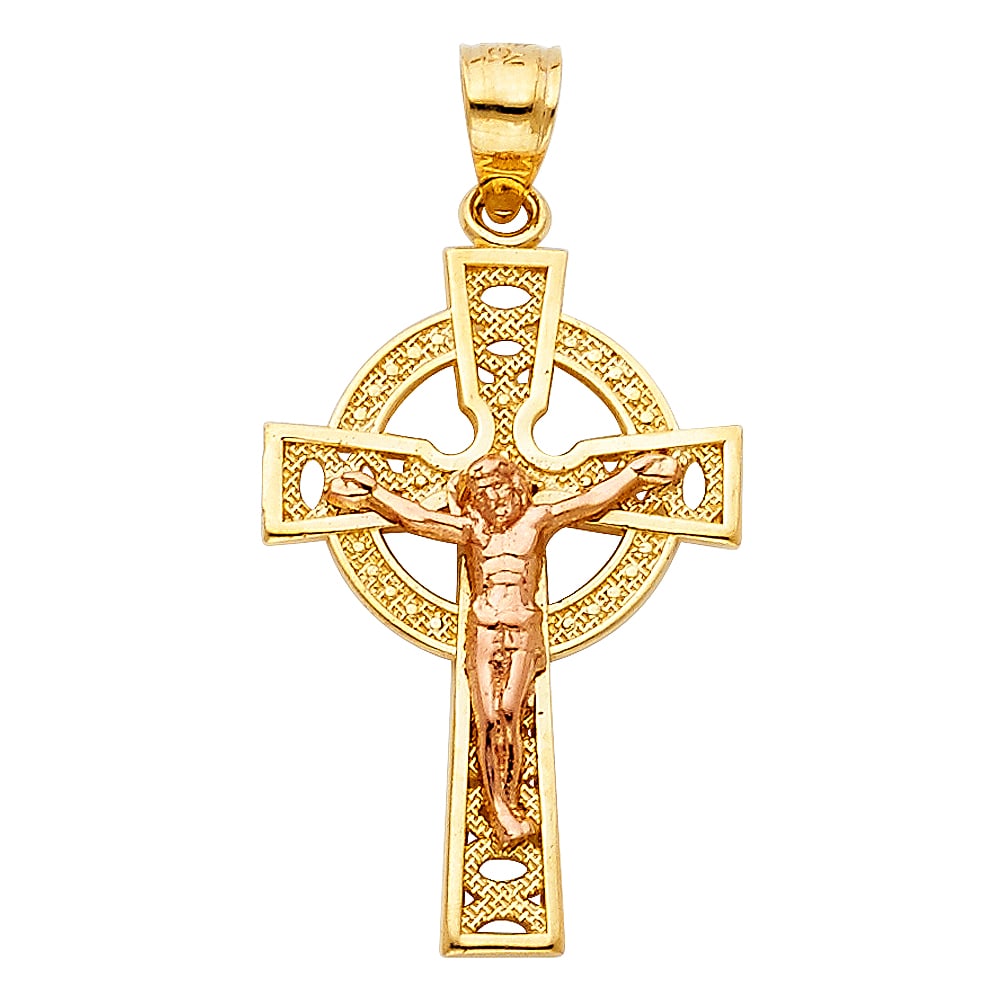 14K 2T CRUCUFIX PENDANT: 14K 2T Crucufix Pendant Type: Pendant Material Type: 14k Gold Material Color: Two Tone Avg. Weight: 1.71 Gr. Size: Height : 27 mm Width : 18 mm Accessories: None Notice: When purchasing pr
