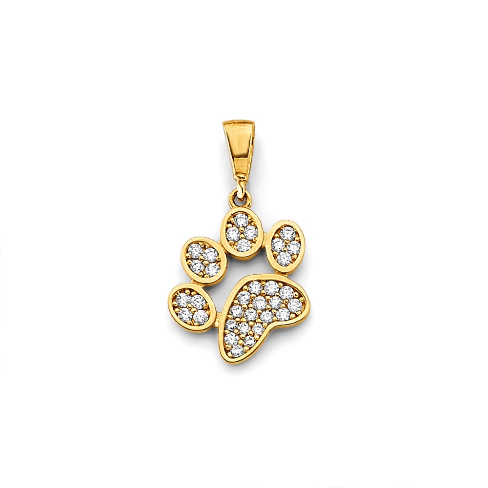 14KY CZ DOG PAW PENDANT: 14KY CZ Dog Paw Pendant Type: Pendant Material Type: 14k Gold Material Color: Yellow Avg. Weight: 1.03 Gr. Size: Height : 20 mm, Width : 10 mm Accessories: None Notice: When purchasing pre