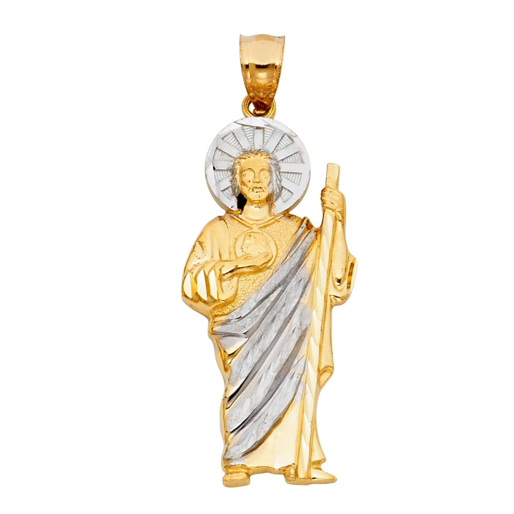 14K 2T ST. JUDE THADDEUS PENDANT: 14K 2T St. Jude Thaddeus Pendant Type: Pendant Material Type: 14k Gold Material Color: Two Tone Avg. Weight: 3.55 Gr. Size: Height : 40 mm,Width : 15 mm Accessories: None Notice: When purchasing