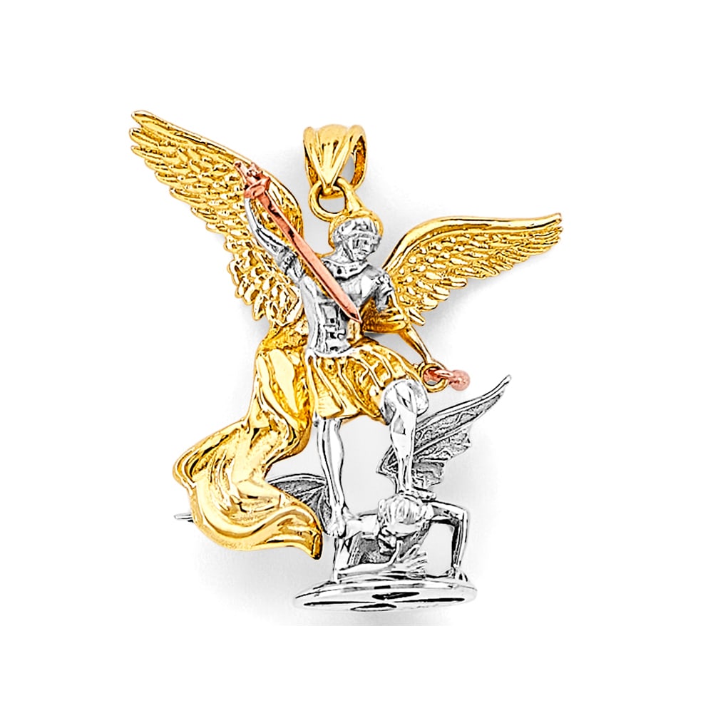 14K 3C ST. MICHAEL 3D PENDANT: 14K 3C St. Michael 3D Pendant Type: Pendant Material Type: 14k Gold Material Color: Tri Color Avg. Weight: 5.7 Gr. Size: Height : 30 mm, Width : 25 mm Accessories: None Notice: When purchasing