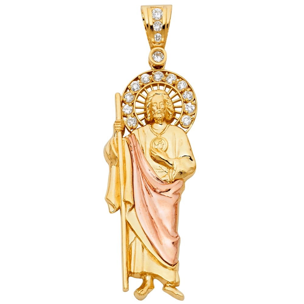 14K 2T CZ ST. JUDE THADDEUS PENDANT: 14K 2T CZ St. Jude Thaddeus Pendant Type: Pendant Material Type: 14k Gold Material Color: Two Tone Avg. Weight: 10.68 Gr. Size: Height : 70 mm,Width : 20 mm Accessories: None Notice: When
