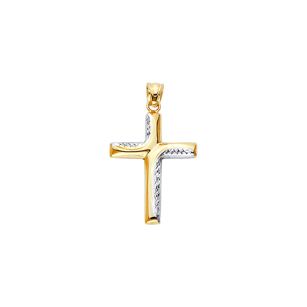 14K 2T HOLLOW FANCY CROSS: 14K 2T Hollow Fancy Cross Type: Pendant Material Type: 14k Gold Material Color: Two Tone Avg. Weight: 0.85 Gr. Size: Height : 30 mm, Width : 17 mm Accessories: None Notice: When purchasing pre-owned