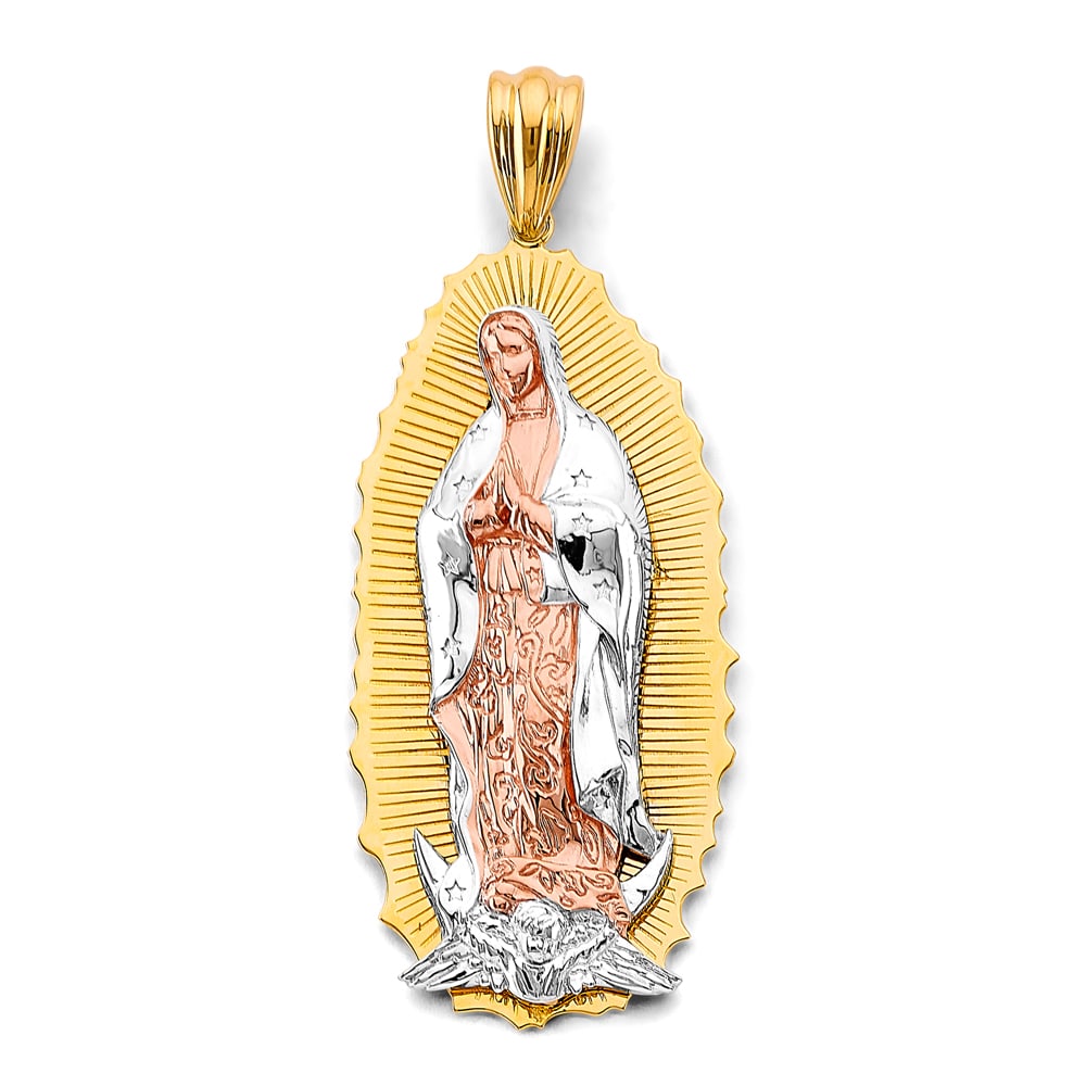 14K 3C GUADALUPE PENDANT: 14K 3C Guadalupe Pendant Type: Pendant Material Type: 14k Gold Material Color: Tri Color Avg. Weight: 31.08 Gr. Size: Height : 85 mm, Width : 35 mm Accessories: None Notice: When purchasin