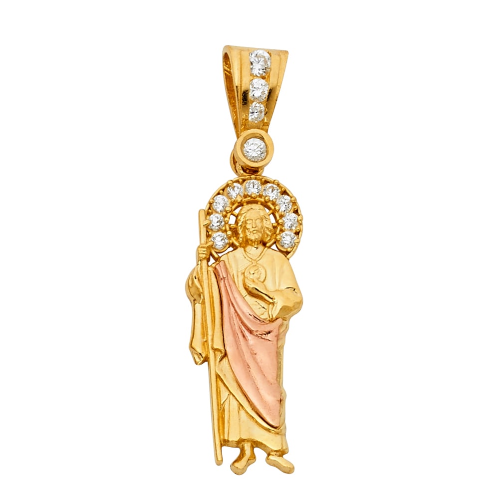 14K 2T CZ ST. JUDE THADDEUS PENDANT: 14K 2T CZ St. Jude Thaddeus Pendant Type: Pendant Material Type: 14k Gold Material Color: Two Tone Avg. Weight: 3.18 Gr. Size: Height : 45 mm,Width : 10 mm Accessories: None Notice: When p