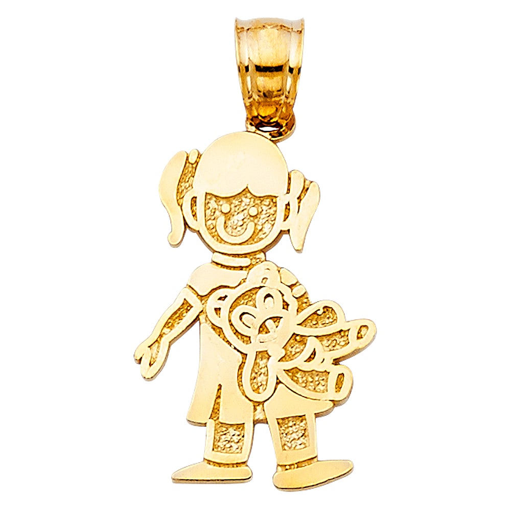 14KY GIRL WITH DOLL PENDANT: 14KY Girl with Doll Pendant Type: Pendant Material Type: 14k Gold Material Color: Yellow Avg. Weight: 1.87 Gr. Size: Height : 25 mm,Width : 13 mm Accessories: None Notice: When purchasing pre-owned