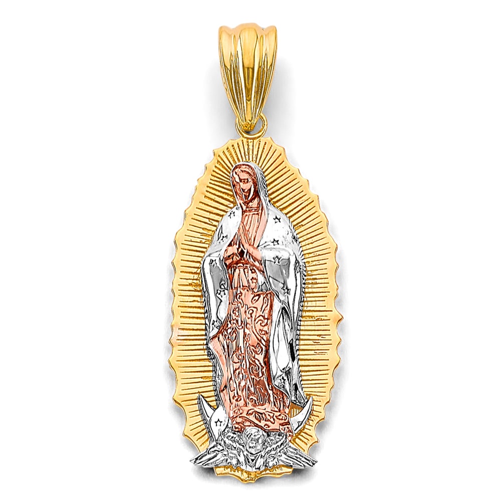 14K 3C GUADALUPE PENDANT: 14K 3C Guadalupe Pendant Type: Pendant Material Type: 14k Gold Material Color: Tri Color Avg. Weight: 11.02 Gr. Size: Height : 55 mm, Width : 20 mm Accessories: None Notice: When purchasing pre-owned