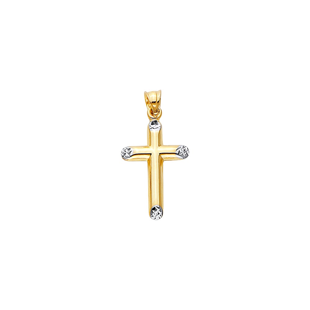 14K 2T HOLLOW FANCY CROSS: 14K 2T Hollow Fancy Cross Type: Pendant Material Type: 14k Gold Material Color: Two Tone Avg. Weight: 0.7 Gr. Size: Height : 28 mm, Width : 13 mm Accessories: None Notice: When purchasing