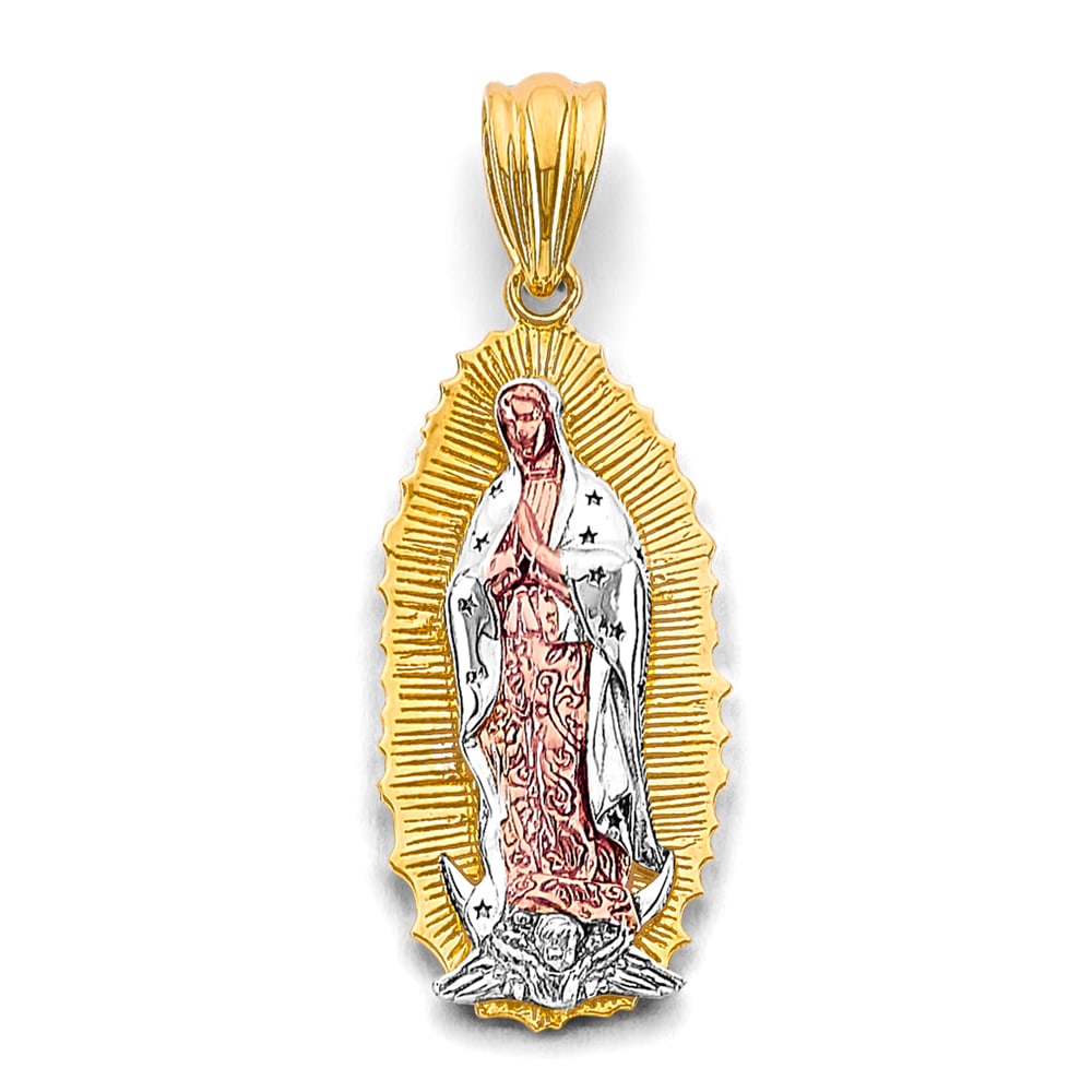 14K 3C GUADALUPE PENDANT: 14K 3C Guadalupe Pendant Type: Pendant Material Type: 14k Gold Material Color: Tri Color Avg. Weight: 6.35 Gr. Size: Height : 42 mm, Width : 15 mm Accessories: None Notice: When purchasing pre-owned