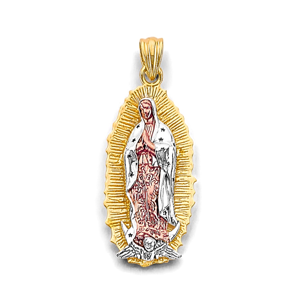 14K 3C GUADALUPE PENDANT: 14K 3C Guadalupe Pendant Type: Pendant Material Type: 14k Gold Material Color: Tri Color Avg. Weight: 3.96 Gr. Size: Height : 32 mm, Width : 13 mm Accessories: None Notice: When purchasing